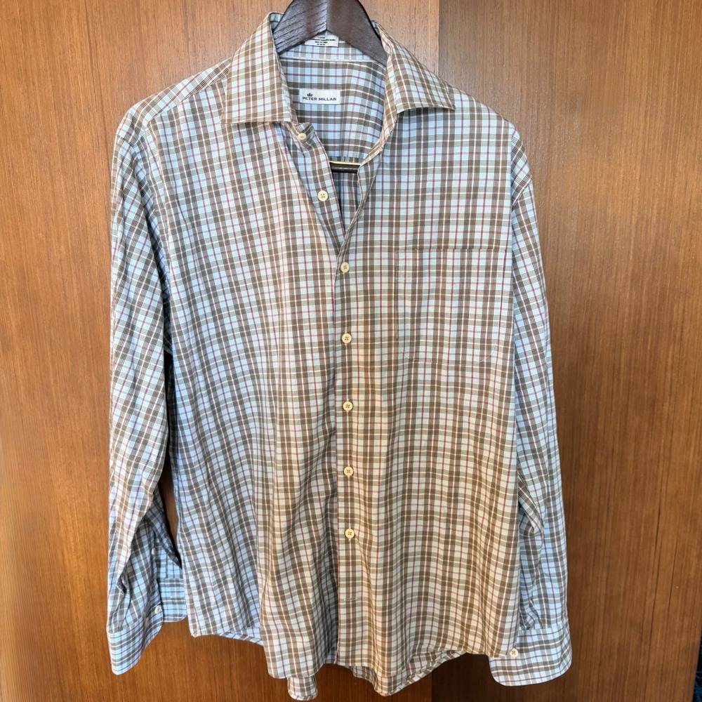 Peter Millar Mens L Plaid Cotton‎ Blend Stretch Button Down Shirt Classic